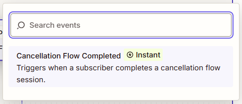 Searching trigger events in Zapier and selecting Cancellation Flow Completed