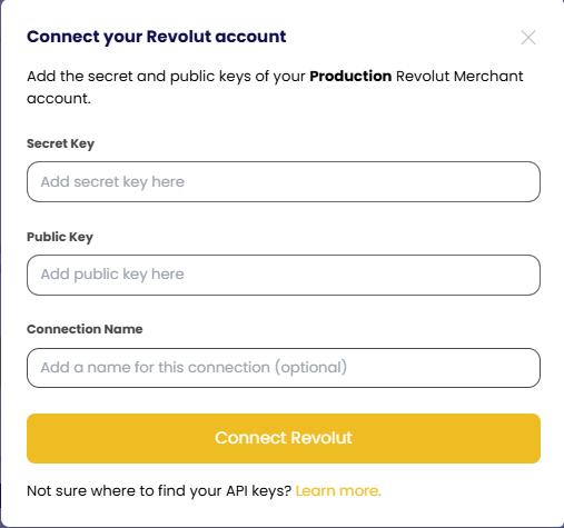 Secret Key, Public Key and Connection Name fields with the Connect Revolut button