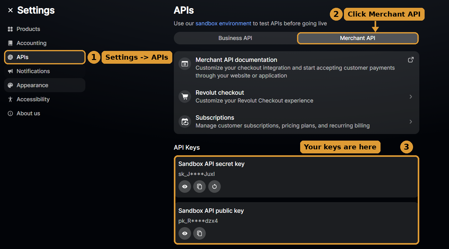 Secret key and public key shown in the Revolut API Console